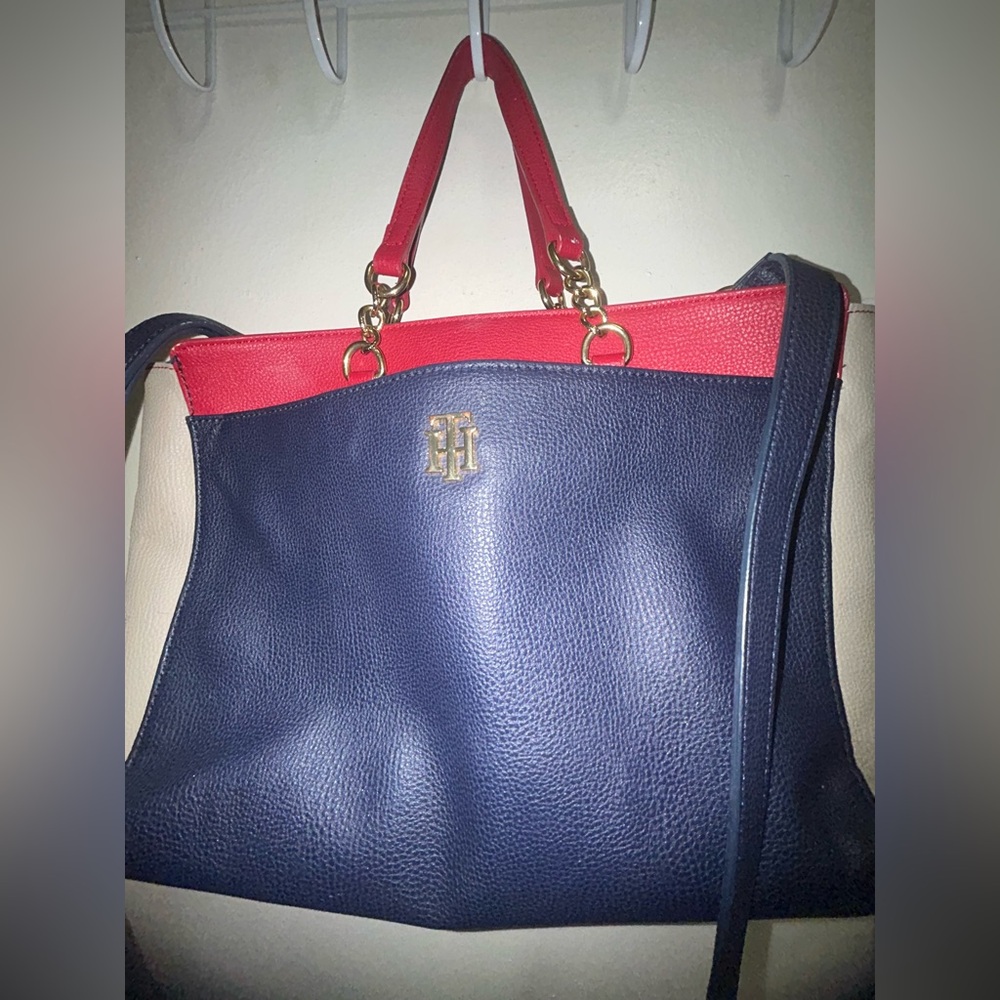 Tommy Hilfiger Blue and Red Tote Bag Structured Design